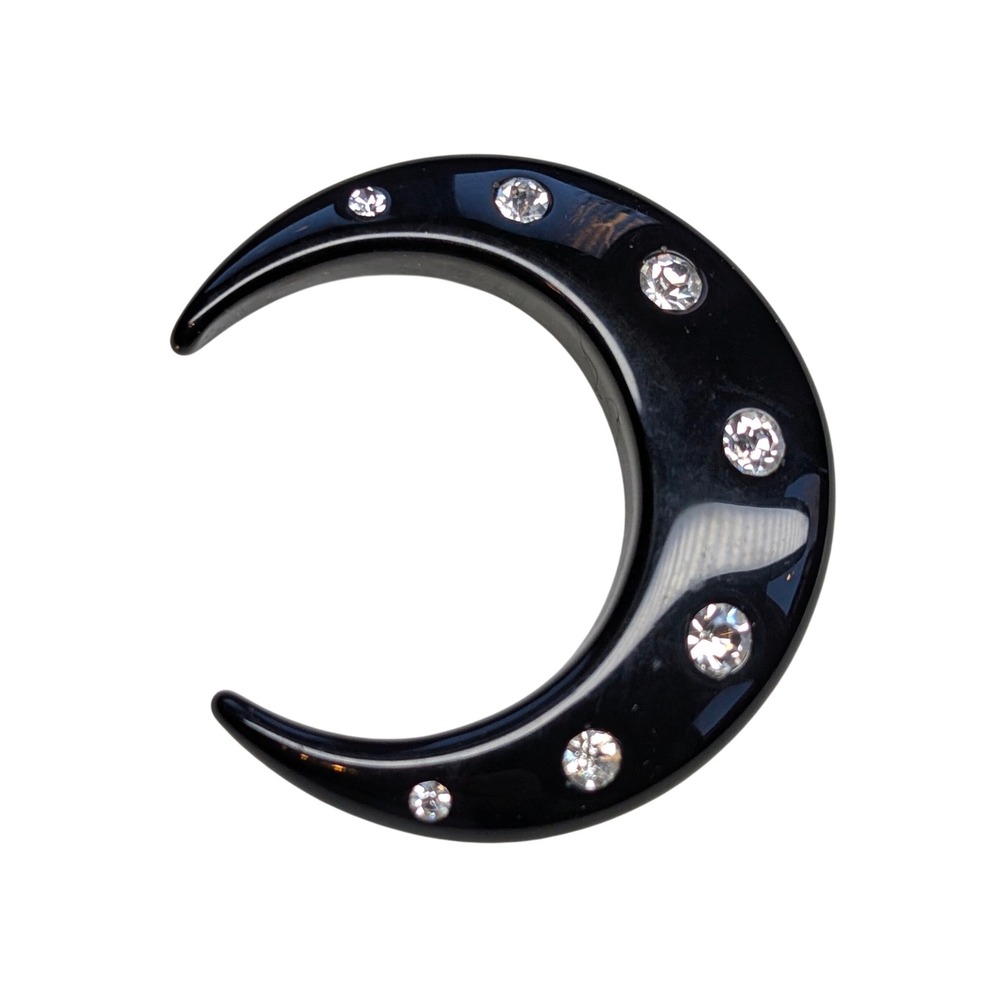 Vintage Black Lucite Moon Brooch with Rhinestones